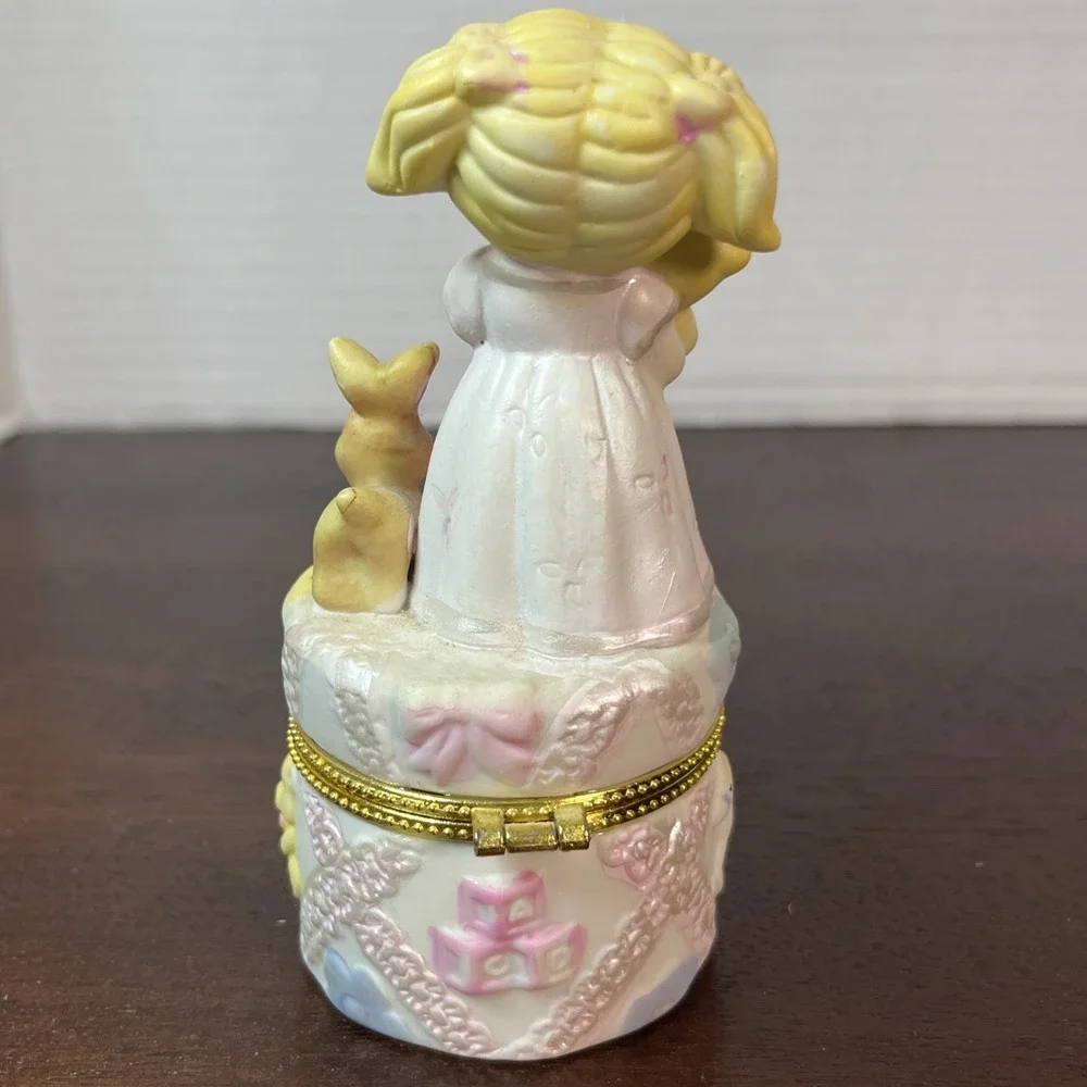 Vtg‎ Porcelain Hinged Trinket Box Girl & Teddy Bear Jewelry Holder Tooth Fairy